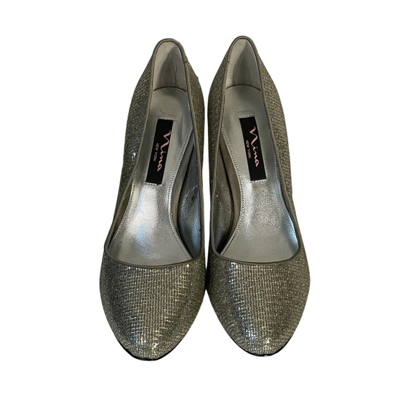 Nina Silver Glitter Fabric Leather Sole Stiletto Heel Slip On Pump Shoe Sz 8 - Picture 2 of 13